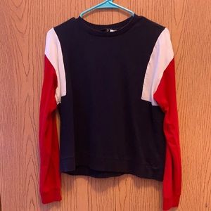 Navy blue, white, and red sweater